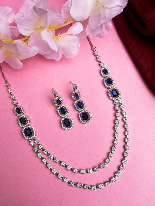 Silver Plated AD Blue Double Line Long Necklace Set