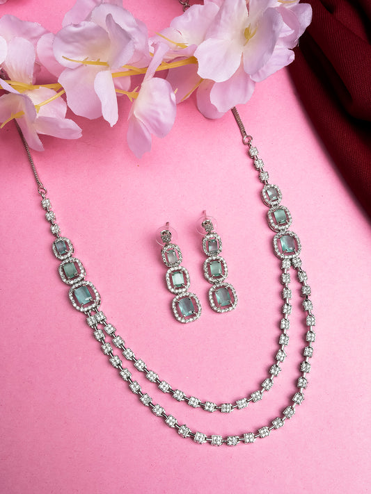 Silver Plated AD Turquoise Double Line Long Necklace Set