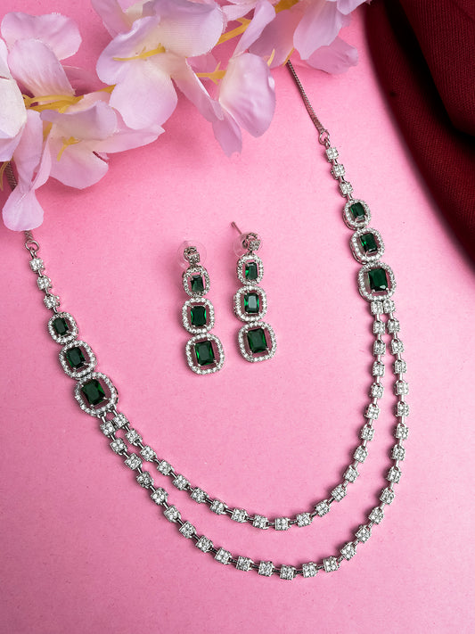 Silver Plated AD Green Double Line Long Necklace Set