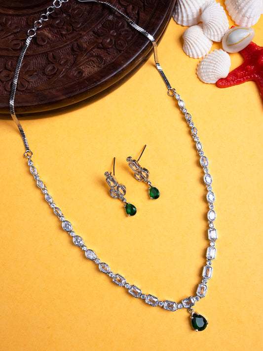 Trendy Silver Plated Green American Diamond Necklace Set For Minimalist Look