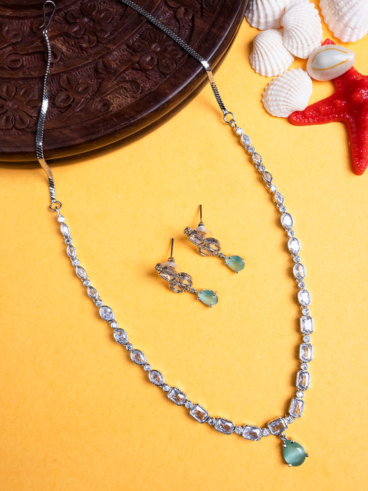 Trendy Silver Plated Turquoise American Diamond Necklace Set For Minimalist Look