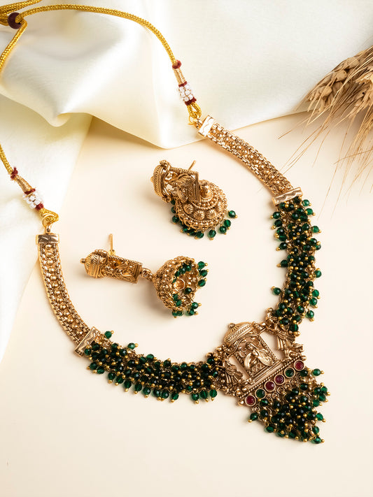 Traditional Doli Style Necklace Set With Green Hydra Beads