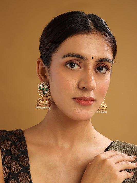 Gold Plated Green Kundan Jhumkas With Pearl Work