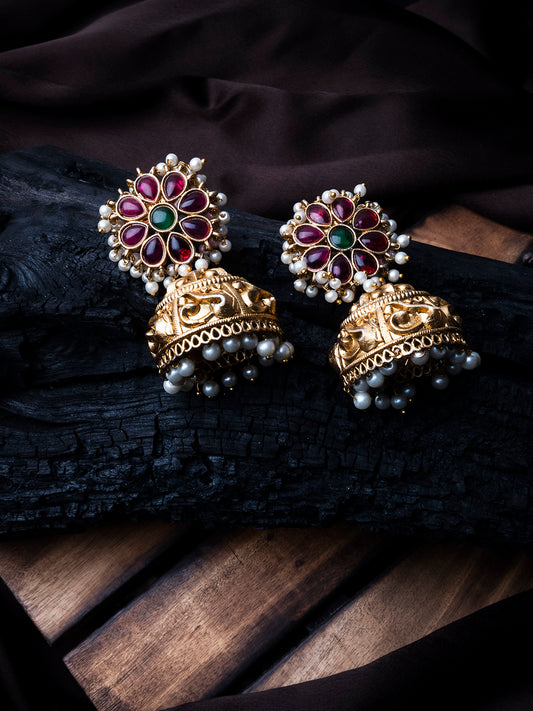 Gold Plated Kundan Jhumkas With Pearl Work