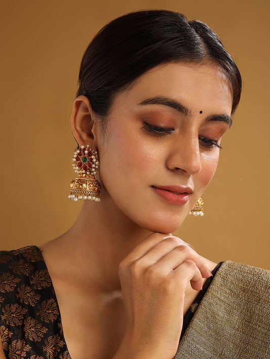 Gold Plated Kundan Jhumkas With Pearl Work