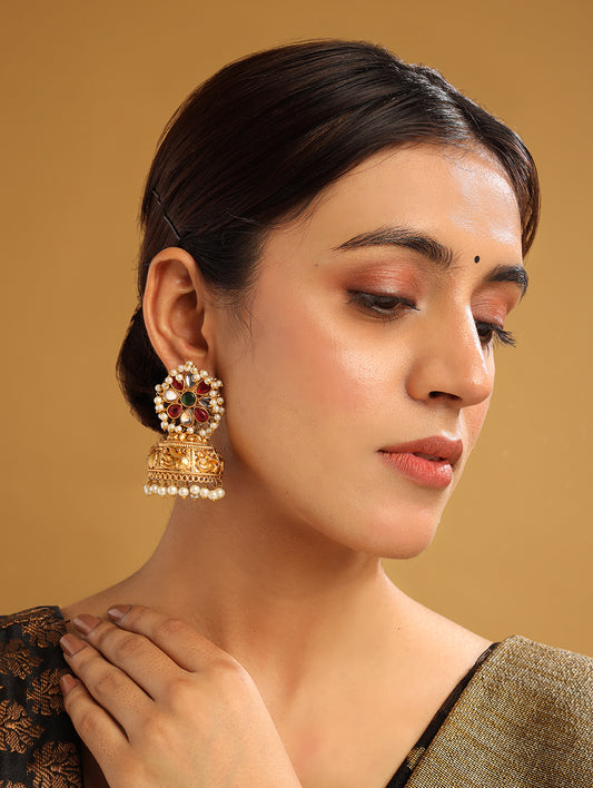 Gold Plated Kundan Jhumkas with Droplets