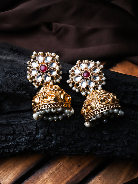 Gold Plated White Kundan Jhumkas with Pearl Work