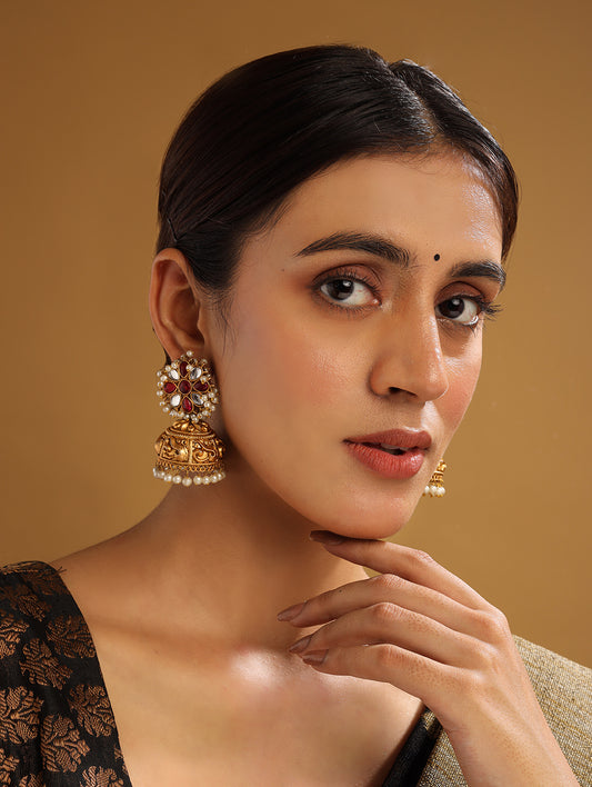 Antique Gold Kundan Jhumkas for Ethnic and Wedding Wear