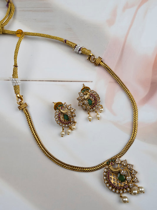 Elegant Green Peacock Pendant Set with Earrings & Pearl Drops