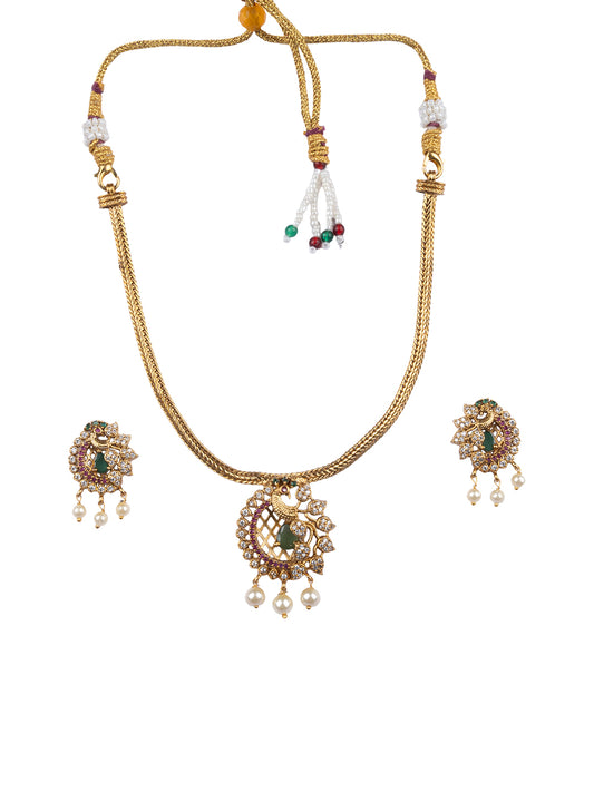 Elegant Green Peacock Pendant Set with Earrings & Pearl Drops