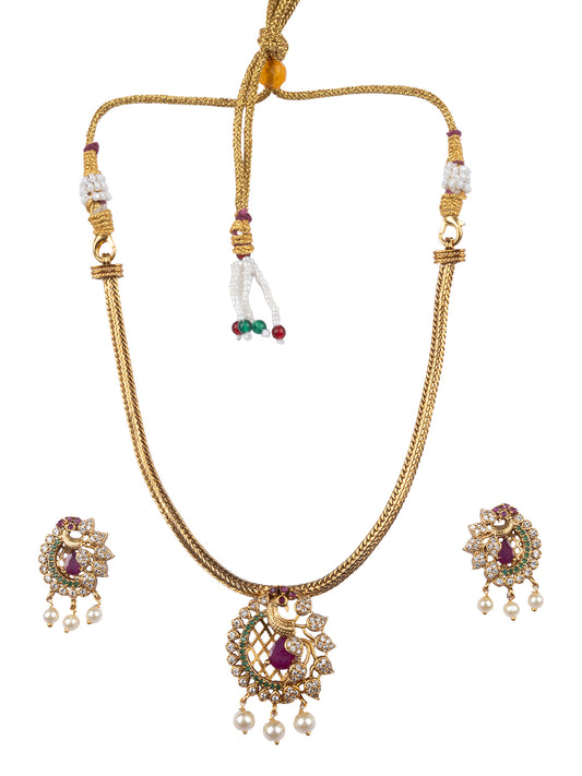 Elegant Ruby Peacock Pendant Set with Earrings & Pearl Drops