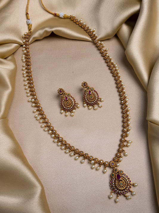 Copper Matte Finish AD Studded Long Necklace Set