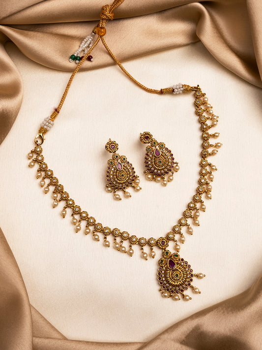 Copper-Matte Finish AD Necklace Set With Pearl Droplets
