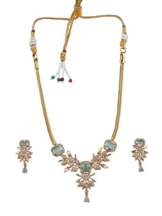 Gold Plated Turquoise AD Flower Design Pendant Necklace Set