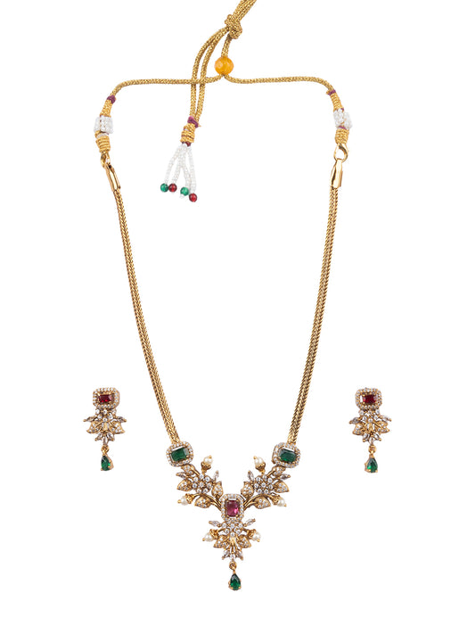 Gold Plated Ruby-Green AD Flower Design Pendant Necklace Set