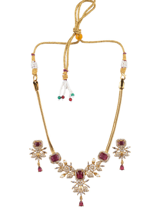 Gold Plated Ruby AD Flower Design Pendant Necklace Set