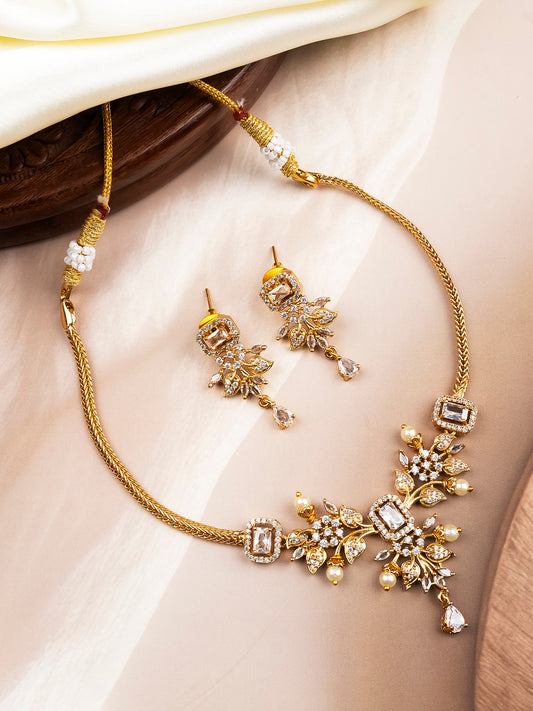 Gold Plated Transparent AD Flower Design Pendant Necklace Set