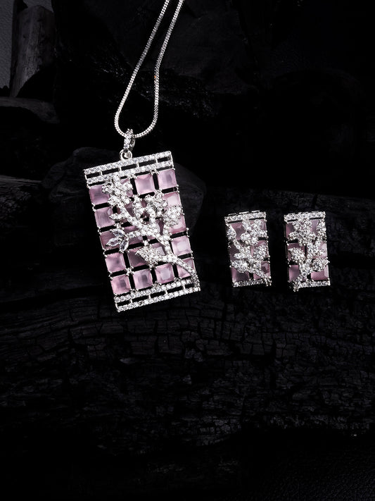Luxurious Pink AD Square Pendant Set With Studs