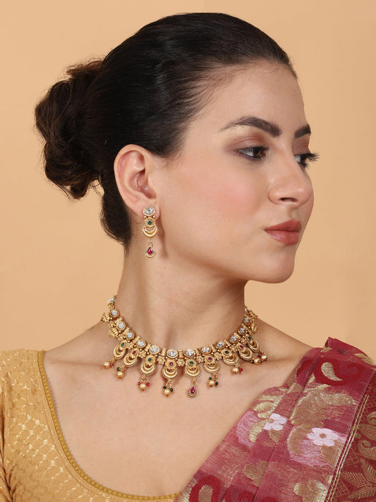 Gold Plated Kempu Hydra Rajwadi Necklace Set - Intricately designed necklace with Kempu stones, reflecting traditional Indian charm.