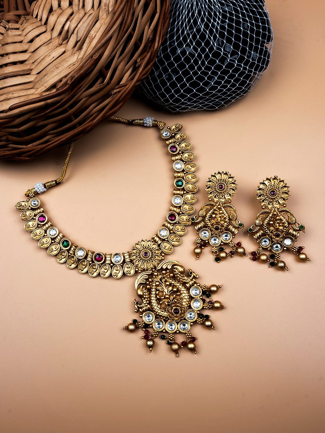 Gold Plated Kempu Hydra Rajwadi Necklace Set - Intricately designed necklace with Kempu stones, reflecting traditional Indian charm.