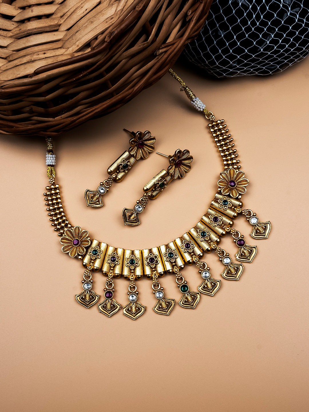 Gold Plated Kempu Hydra Rajwadi Necklace Set - Intricately designed necklace with Kempu stones, reflecting traditional Indian charm.