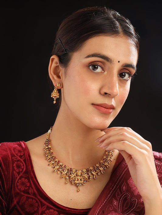Gold Plated Multicolor Stone Studded Temple Necklace Set