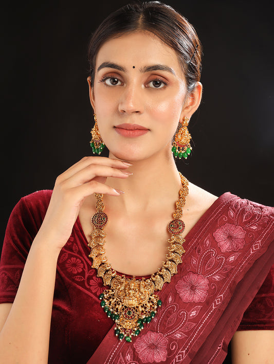 Exquisite Green Beads Temple Goddess Long Necklace Set | Handcrafted Indian Jewelry