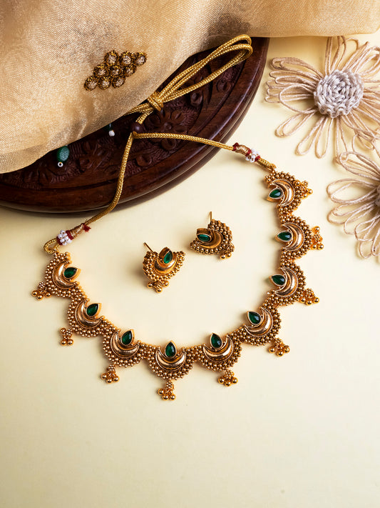 Gold Finish Green Half Moon Shape Necklace Set