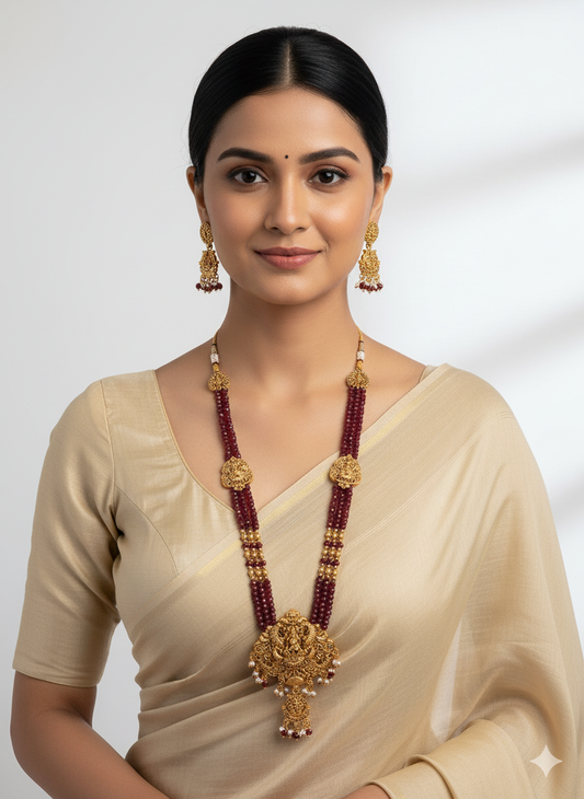 Traditional South Indian Bandhai Long Necklace Set With Maroon Beads