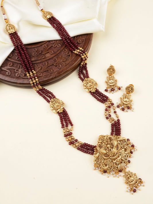 Traditional South Indian Bandhai Long Necklace Set With Maroon Beads