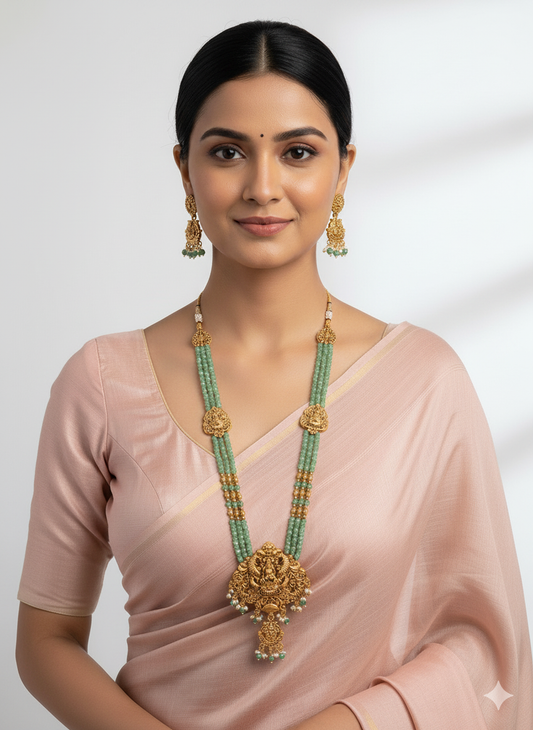 Traditional South Indian Bandhai Long Necklace Set With Turquoise Beads