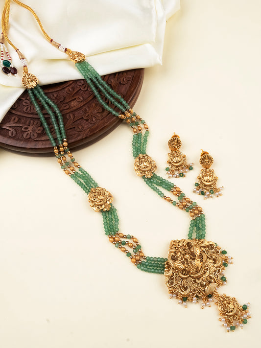 Traditional South Indian Bandhai Long Necklace Set With Turquoise Beads