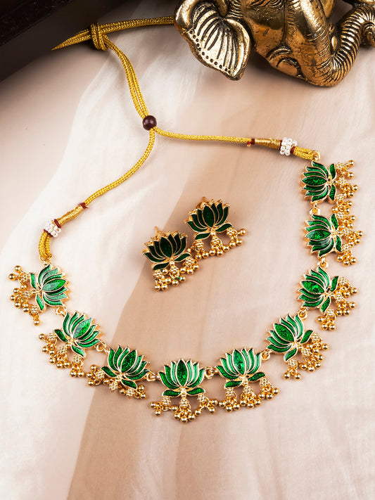Handpainted Green Lotus Meenakari Necklace Set | Ethnic Festive Jewelry