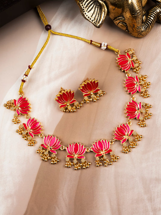 Handpainted Ruby Lotus Meenakari Necklace Set | Ethnic Festive Jewelry