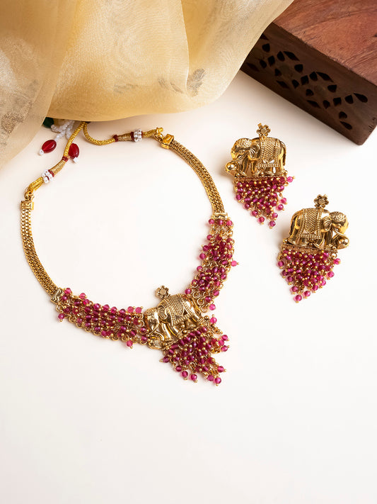 Antique Matt Finish Red Hydra Beads Gaj Necklace Set