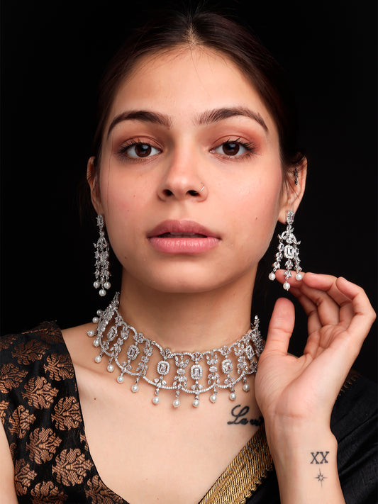 Silver-toned AD CZ choker necklace set with pearl drops and matching earrings