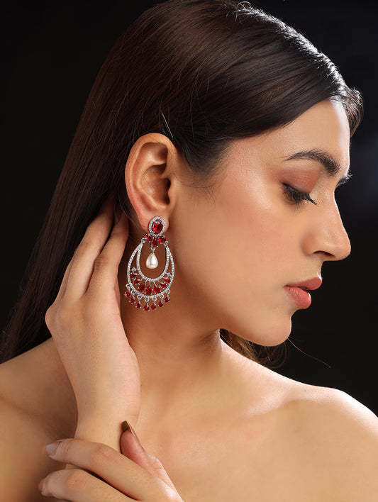 Red AD chandbali earrings with pearl drop centerpiece, silver-toned