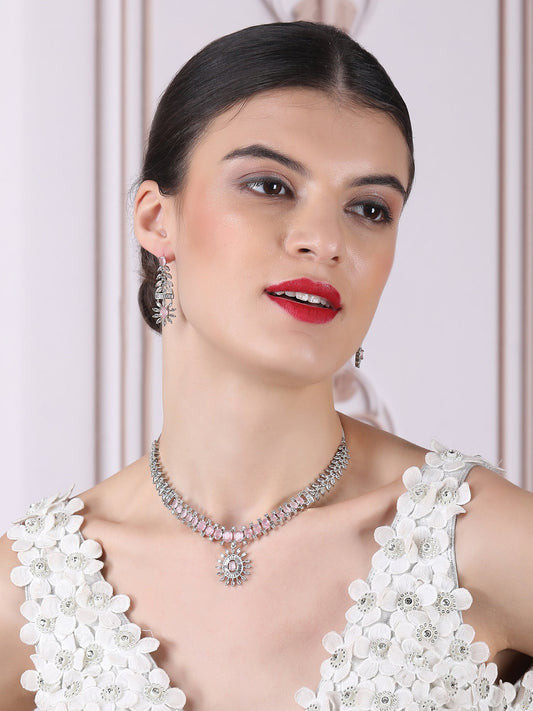 Silver Plated American Diamond Studded Dual Pink Necklace Set