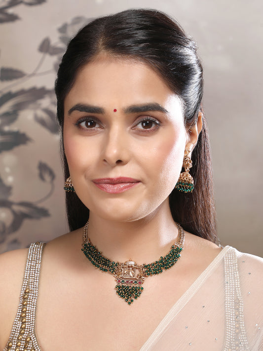 Traditional Doli Style Necklace Set With Green Hydra Beads