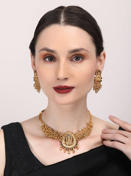 Exquisite Gold-Plated Temple Hydra Beads Necklace Set - A divine blend of tradition and elegance. Elevate your style with this stunning piece from SileAdda.