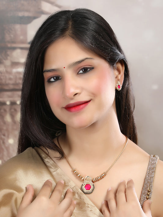 Gold Plated Red Meenakari and Beads Necklace Set