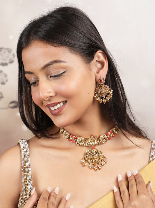 Temple Lakshmi Necklace Set With Golden Beads
