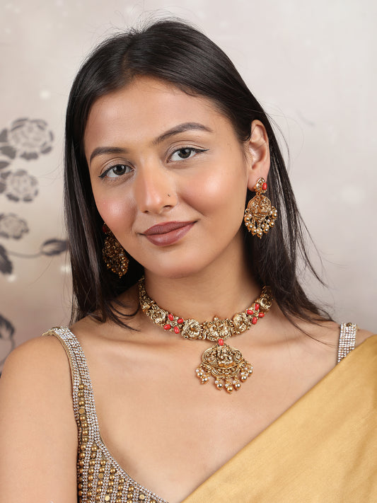 Temple Lakshmi Necklace Set With Golden Beads