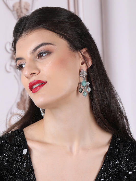 Silver-Plated Luxurious AD Turquoise Waterfall Earrings
