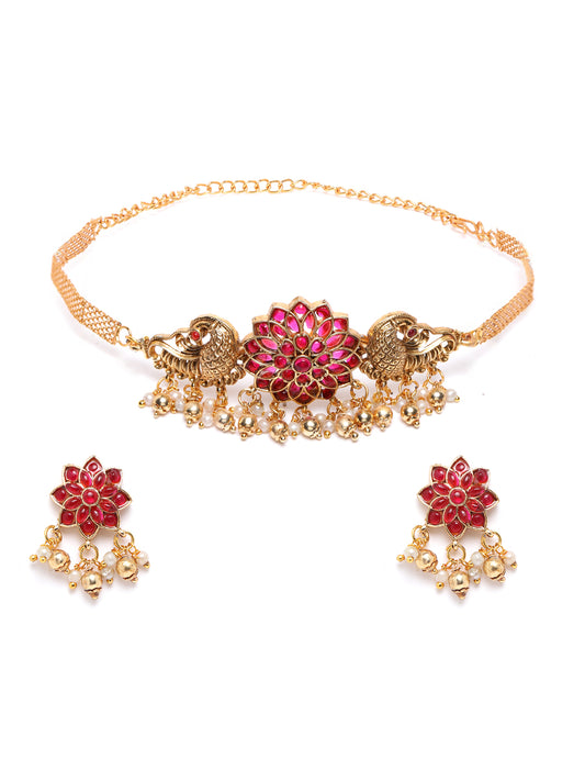 Minimalist Red Kemp Floral Choker Set With Studs