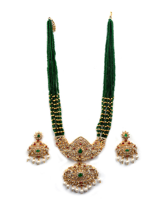 AD Emeralds Studded Green Beads Layered Long Necklace