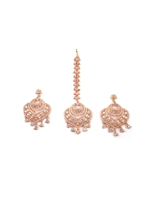 Sparkling AD Paan Style Earring-Maangtika Set in Rose Gold Tone | Shop Now
