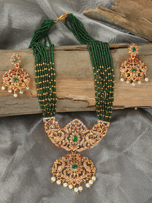AD Emeralds Studded Green Beads Layered Long Necklace