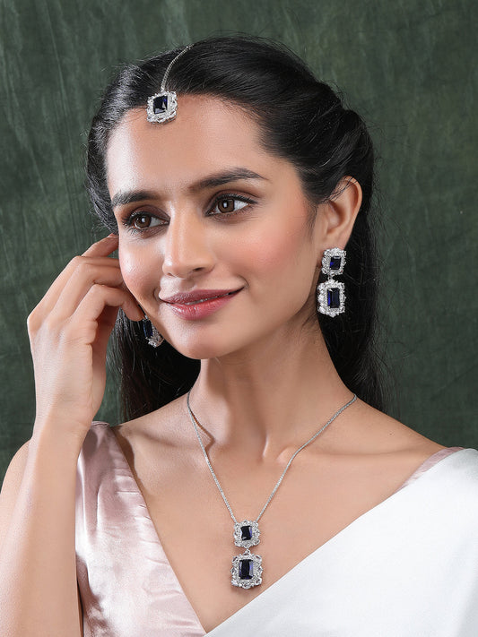 Silver Plated Blue Square CZ Big Pendant Set With Earrings and Maangtika
