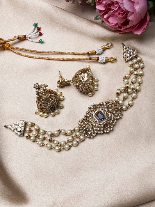 Blue Stone AD Pearl Choker Set With Jhumkas